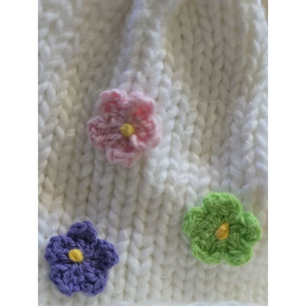 Baby Hat White Hand Knit 100% Cotton Colorful Flower Appliqués U.S.A. Size XS